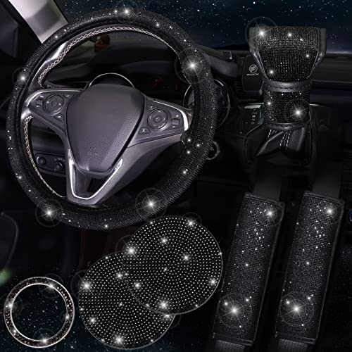 ToBeQueen 7-Pack Black Bling Car Accessories - Crystal Diamond Set, 15-Inch Seat Belt Covers, Gear Shift Cover, Push Start Button Ring, Car Coaster - Image 1