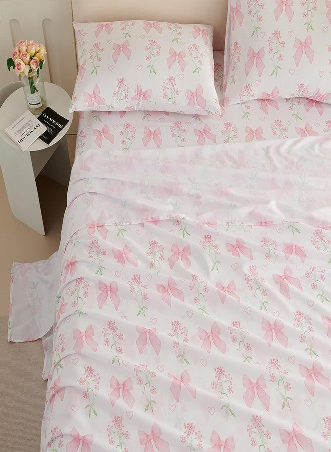 CCoutueChen Pink Bow Sheet Set Twin Garden Floral Fitted Sheet Set for Girls Kids Soft Microfiber Fitted Flat Sheets & Pillowcases Cute Princess Style Bowknot Bedding Sets Toddlers 3 Pieces - Image 4