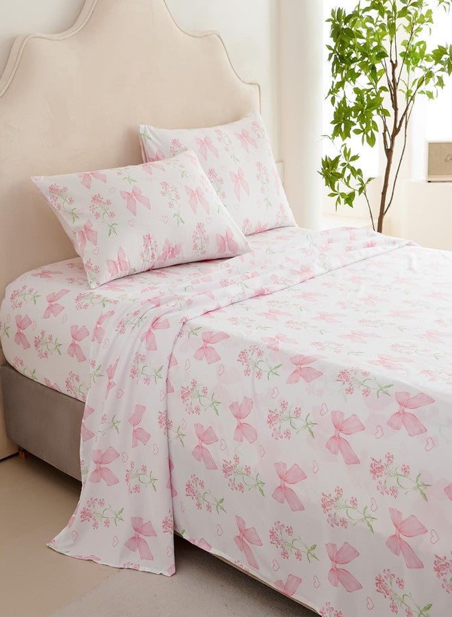 CCoutueChen Pink Bow Sheet Set Twin Garden Floral Fitted Sheet Set for Girls Kids Soft Microfiber Fitted Flat Sheets & Pillowcases Cute Princess Style Bowknot Bedding Sets Toddlers 3 Pieces - Image 1