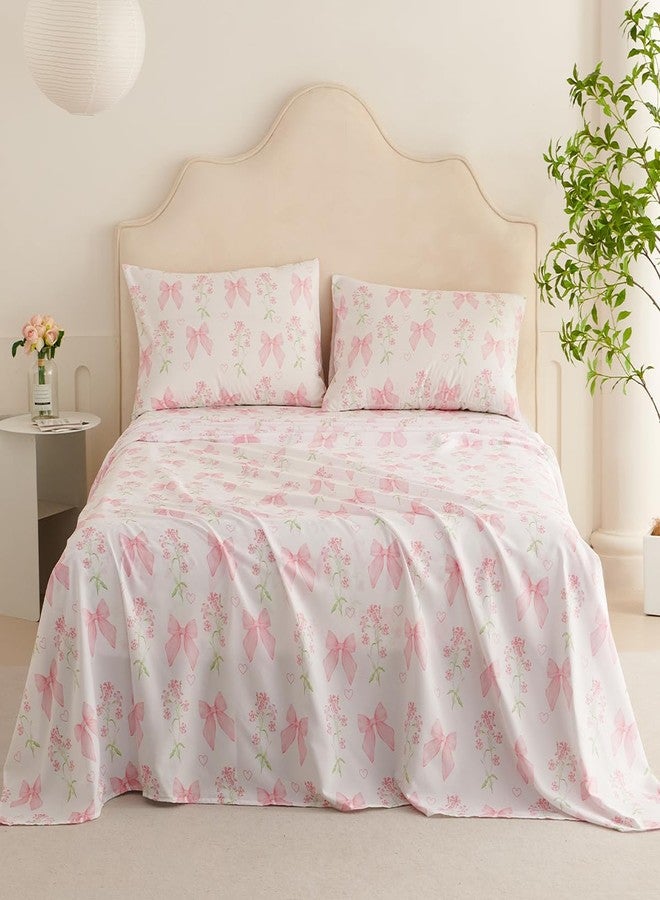 CCoutueChen Pink Bow Sheet Set Twin Garden Floral Fitted Sheet Set for Girls Kids Soft Microfiber Fitted Flat Sheets & Pillowcases Cute Princess Style Bowknot Bedding Sets Toddlers 3 Pieces - Image 2