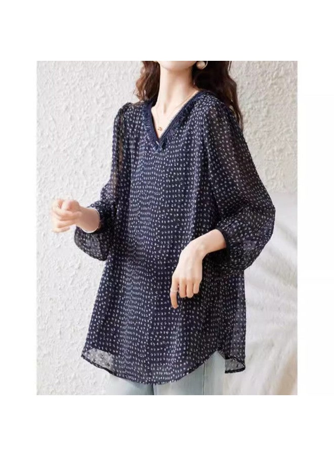 XINYANG V-neck Double Layer Blouse Women's 2025 Summer Lightweight Lantern Sleeve Floral Print With Lining Mother's Outfit - Image 4