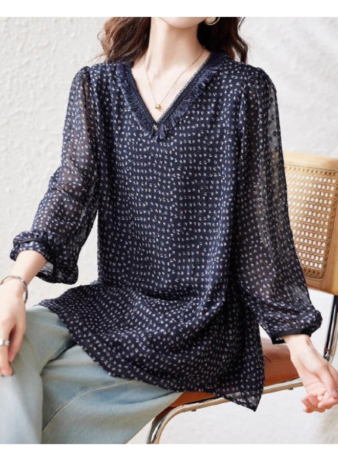 XINYANG V-neck Double Layer Blouse Women's 2025 Summer Lightweight Lantern Sleeve Floral Print With Lining Mother's Outfit - Image 1