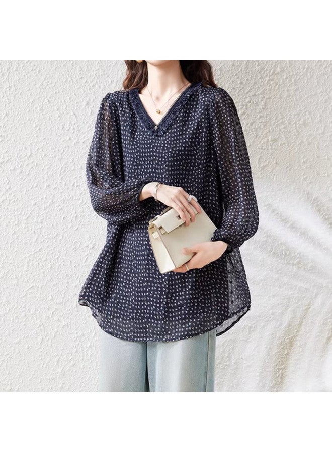 XINYANG V-neck Double Layer Blouse Women's 2025 Summer Lightweight Lantern Sleeve Floral Print With Lining Mother's Outfit - Image 3