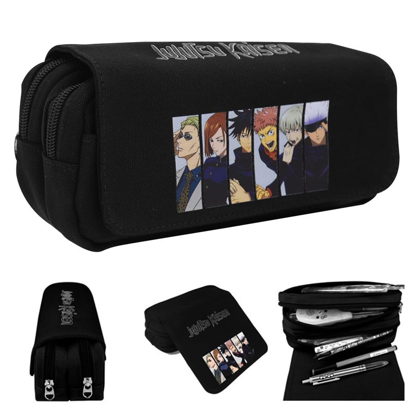 Fancyku Jujutsu Kaisen Polyester Pencil Case, Anime Pencil Pouch, Cartoon Prints Pen Pouch, Large Capacity Pu Pencil Bag Stationery Organizer, Students Gift Children's Day Gift School Gift (Black) - Image 1