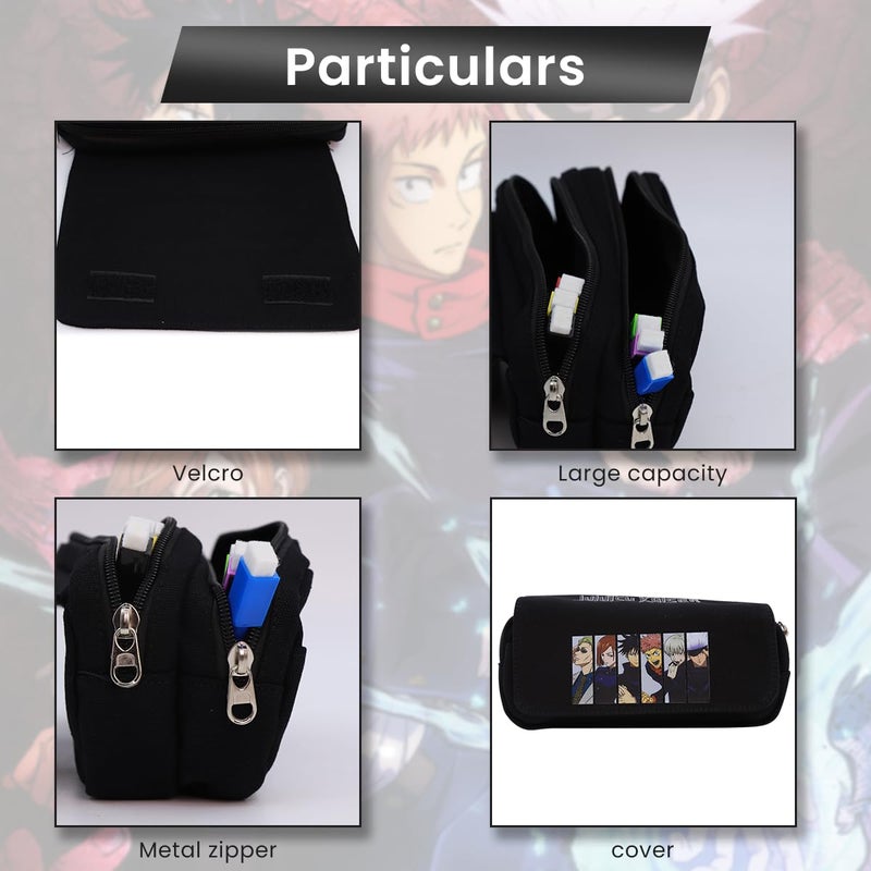 Fancyku Jujutsu Kaisen Polyester Pencil Case, Anime Pencil Pouch, Cartoon Prints Pen Pouch, Large Capacity Pu Pencil Bag Stationery Organizer, Students Gift Children's Day Gift School Gift (Black) - Image 3