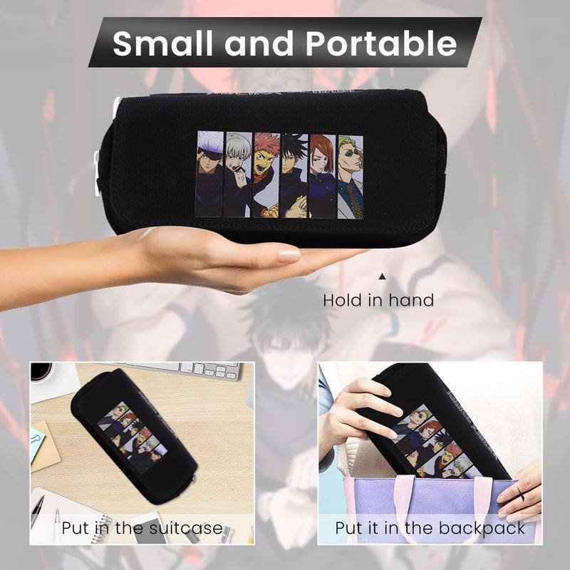 Fancyku Jujutsu Kaisen Polyester Pencil Case, Anime Pencil Pouch, Cartoon Prints Pen Pouch, Large Capacity Pu Pencil Bag Stationery Organizer, Students Gift Children's Day Gift School Gift (Black) - Image 4
