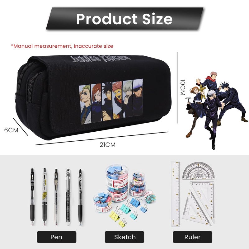 Fancyku Jujutsu Kaisen Polyester Pencil Case, Anime Pencil Pouch, Cartoon Prints Pen Pouch, Large Capacity Pu Pencil Bag Stationery Organizer, Students Gift Children's Day Gift School Gift (Black) - Image 2