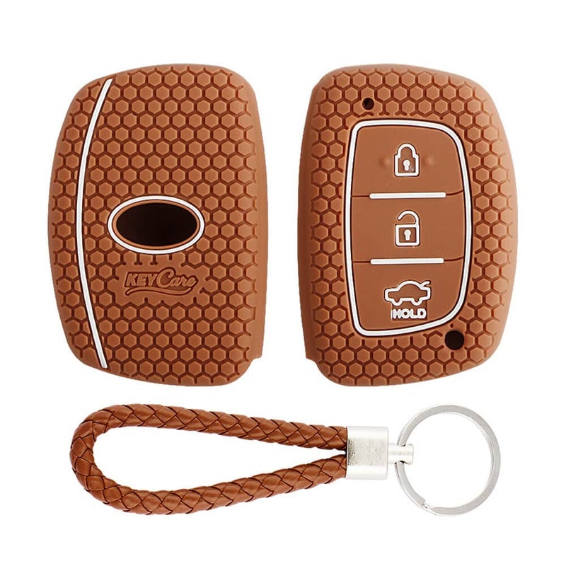 KeyZone Keycare KC07 Brown silicone key cover for Elite i20, Active i20, Aura, Verna 4s, Xcent, Tucson, Elantra 3 button smart key with KC Mini Brown Keyring (push button start models only) (Brown with KC Mini Brown Keyring) - Image 1
