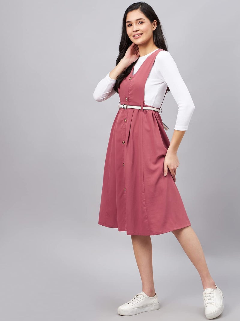 WineRed Women Midi Pink Solid Pinafore Dress with Button, XL - Image 3