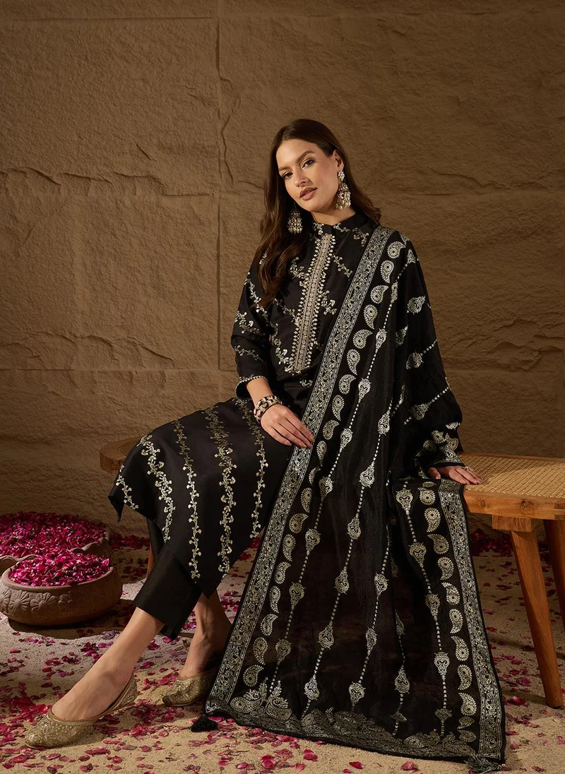 ZERESOUQ Black Silk Blend Floral Foil Printed 3-Piece Kurta Set