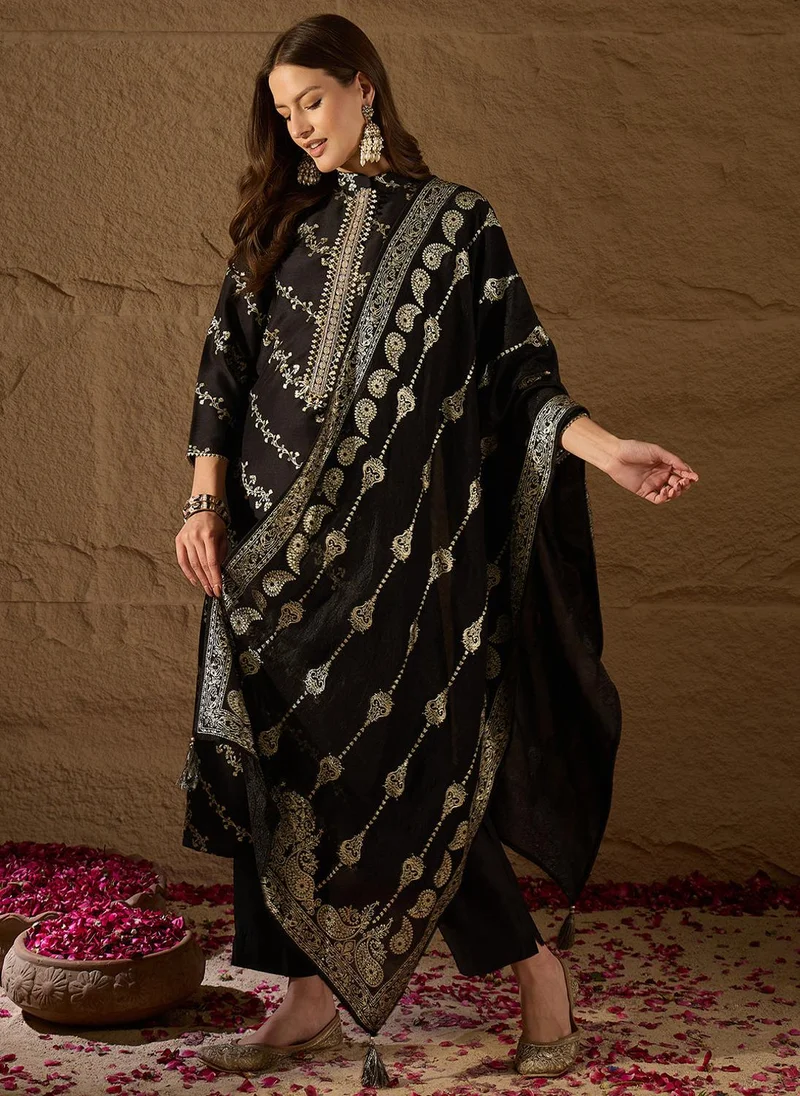 Black Silk Blend Floral Foil Printed 3-Piece Kurta Set