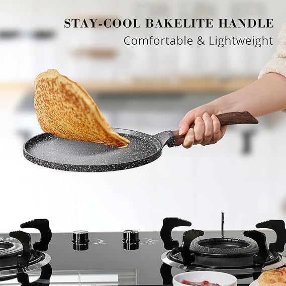 HOMETIC Aluminium Non Stick Dosa Tawa Size 28 cm Flat Roti and Chapati Tawa Granite Finish Wooden Soft Touch Handle Induction Dosa Tawa Gas Electric Induction - Image 4