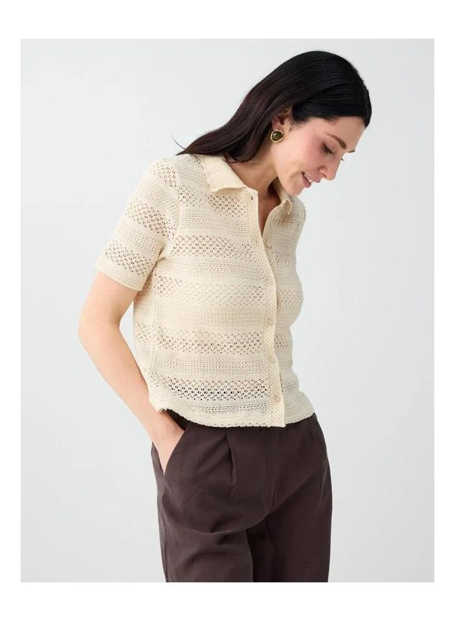 Jimmy Key Ecru 100% Cotton Short Sleeve Shirt with Collar Blouse.