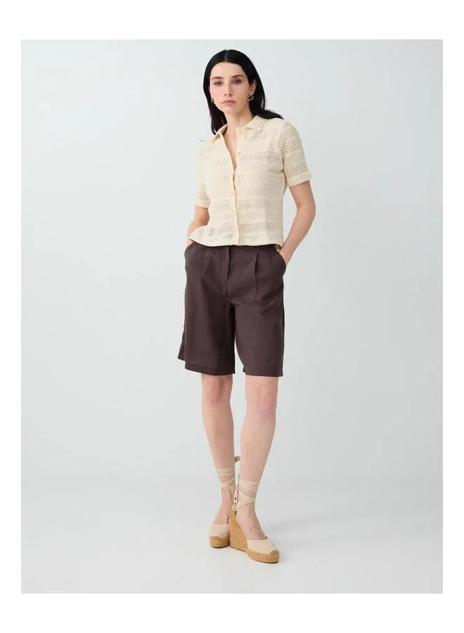 Jimmy Key Ecru 100% Cotton Short Sleeve Shirt with Collar Blouse.