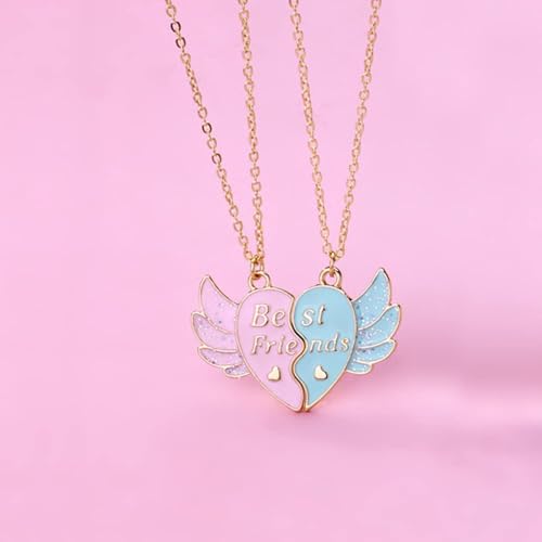 Zbdroxygen Best Friend Necklace, Necklace for 2 Girls, Friendship Necklace for Girls, Matching Necklace Set, Pink and Blue Heart Wings Pendant Necklaces for Besties and Soul Sisters, Gold Chain - Image 3