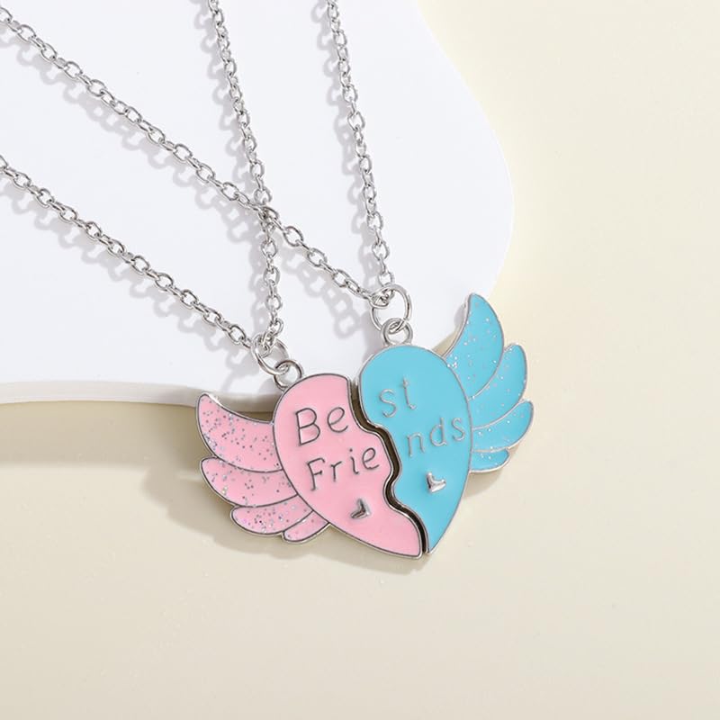 Zbdroxygen Best Friend Necklace, Necklace for 2 Girls, Friendship Necklace for Girls, Matching Necklace Set, Pink and Blue Heart Wings Pendant Necklaces for Besties and Soul Sisters, Gold Chain - Image 5