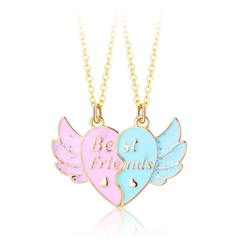 Zbdroxygen Best Friend Necklace, Necklace for 2 Girls, Friendship Necklace for Girls, Matching Necklace Set, Pink and Blue Heart Wings Pendant Necklaces for Besties and Soul Sisters, Gold Chain - Image 1
