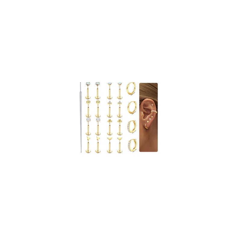 Sanfenly Threadless Flat Back Earrings Studs 316L Surgical Steel Gold Cartilage Earrings for Women Men Push in Nose Rings Studs 18G CZ Opal Tragus Helix Conch Lip Labret Medusa Nostril Piercing Jewelry Hypoallergenic - Image 1