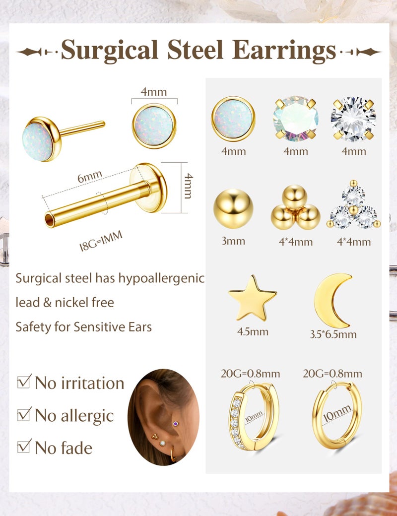 Sanfenly Threadless Flat Back Earrings Studs 316L Surgical Steel Gold Cartilage Earrings for Women Men Push in Nose Rings Studs 18G CZ Opal Tragus Helix Conch Lip Labret Medusa Nostril Piercing Jewelry Hypoallergenic - Image 2