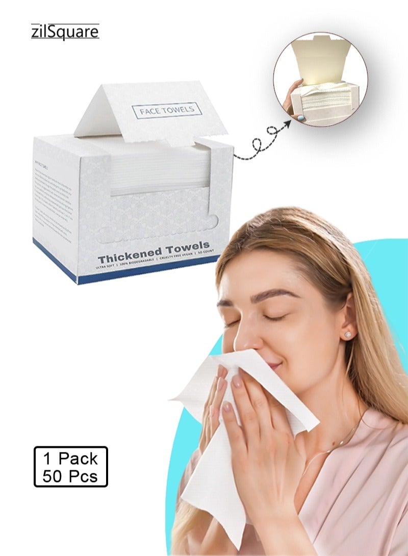 زيل سكوير مناشف وجه سميكة للاستخدام مرة واحدة - مناديل تنظيف الوجه فائقة النعومة وقابلة للتحلل الحيوي للبشرة الحساسة - مناديل قطنية صديقة للبيئة ونباتية وخالية من القسوة - مناشف لطيفة لإزالة المكياج والعناية بالبشرة - مناشف تنظيف تجميلية صحية بديلة قابلة لإعادة الاستخدام للسفر (50 قطعة) - Image 1