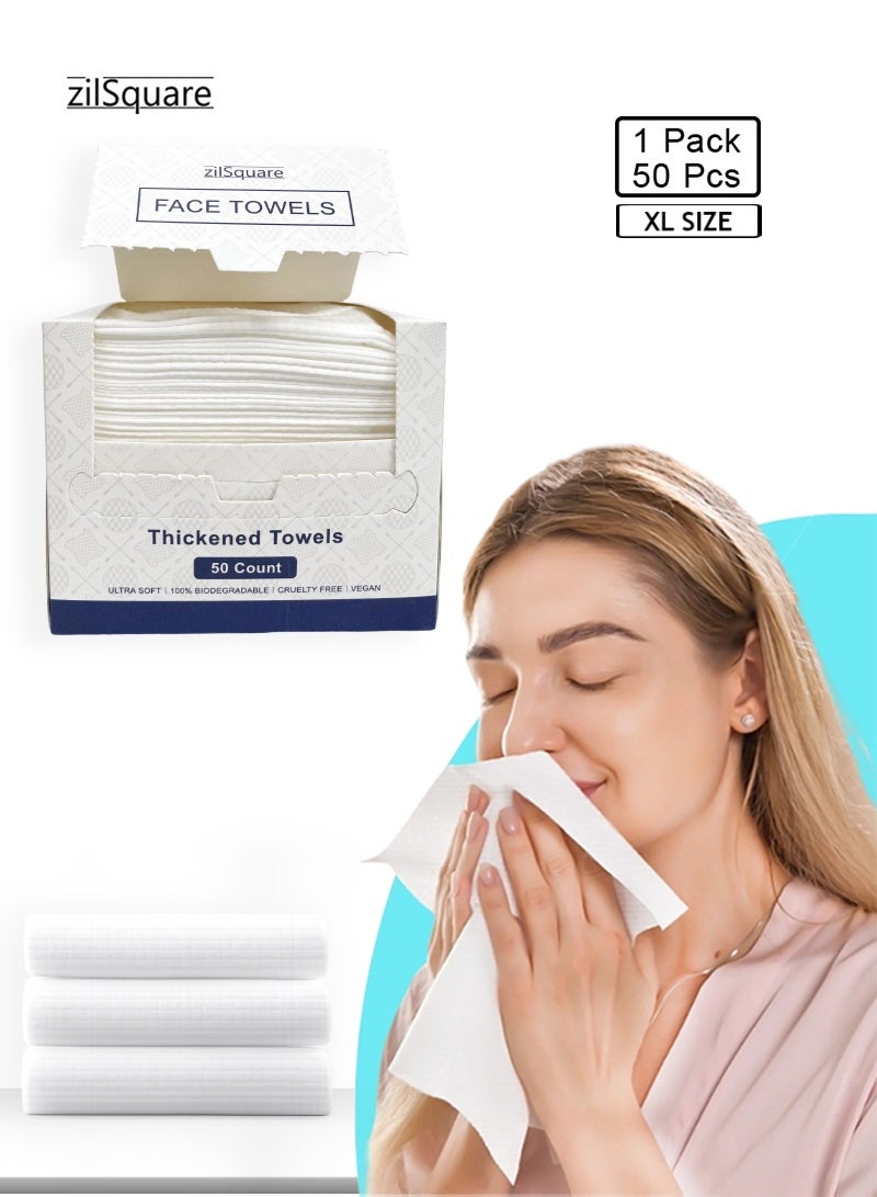 Thickened Disposable Face Towels – Ultra Soft Biodegradable Facial Cleansing Tissues for Sensitive Skin – Eco Friendly Vegan & Cruelty Free Cotton Wipes – Gentle Makeup Remover & Skincare Towels – Reusable Alternative Hygienic Travel Beauty Cleaning Towel (50 Count)