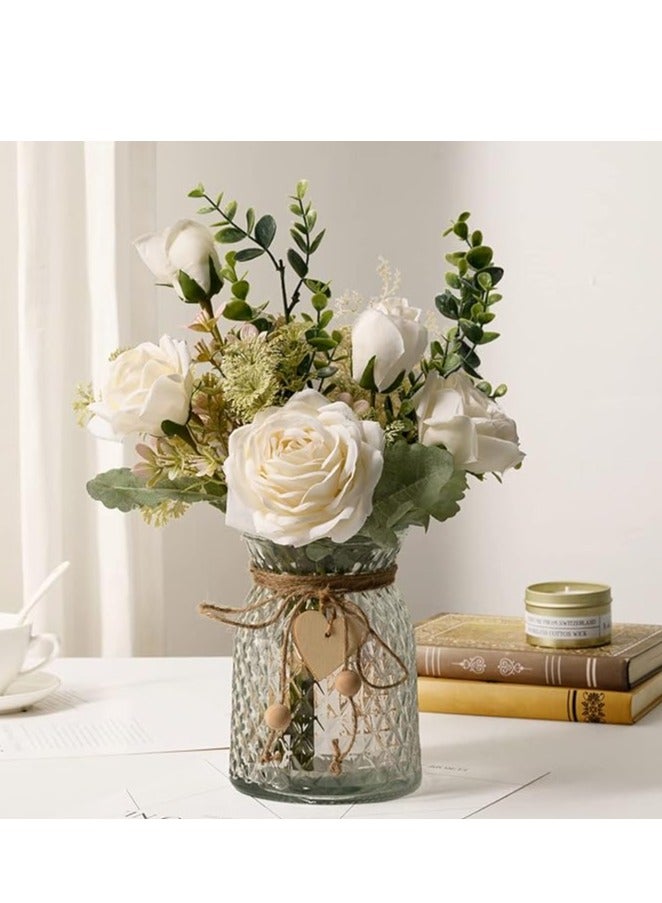 DUNISO Fake Flowers, Silk Roses Artificial Flowers, White Faux Flower Arrangement Suitable for Home Office Decoration, Dining Table Centerpiece (No Vase) - Image 1