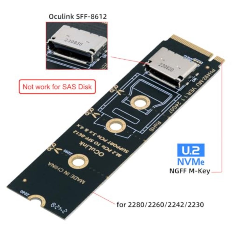 PCI-E4.0 M.2 M-Key to Oculink محول مضيف عمودي لـ NVMe U.2 SSD eGPU، سبائك الألومنيوم، أسود، سلامة الإشارة عالية السرعة - Image 5