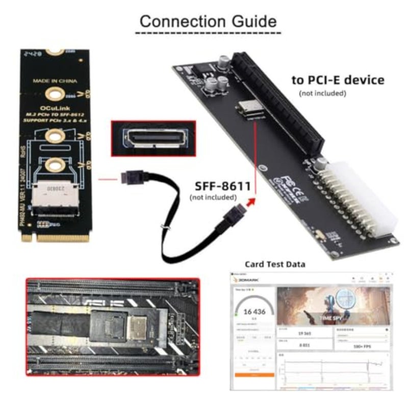 PCI-E4.0 M.2 M-Key to Oculink محول مضيف عمودي لـ NVMe U.2 SSD eGPU، سبائك الألومنيوم، أسود، سلامة الإشارة عالية السرعة - Image 4