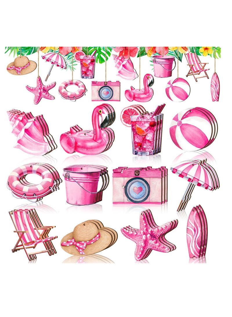 Excefore 36 Pcs Summer Wooden Tree Ornaments, Hawaiian Wood Hanging Decorations for Tree, Beach Wooden Slices with Pink Flamingo and Starfish, Perfect for Anniversary and Home Decor - Image 1