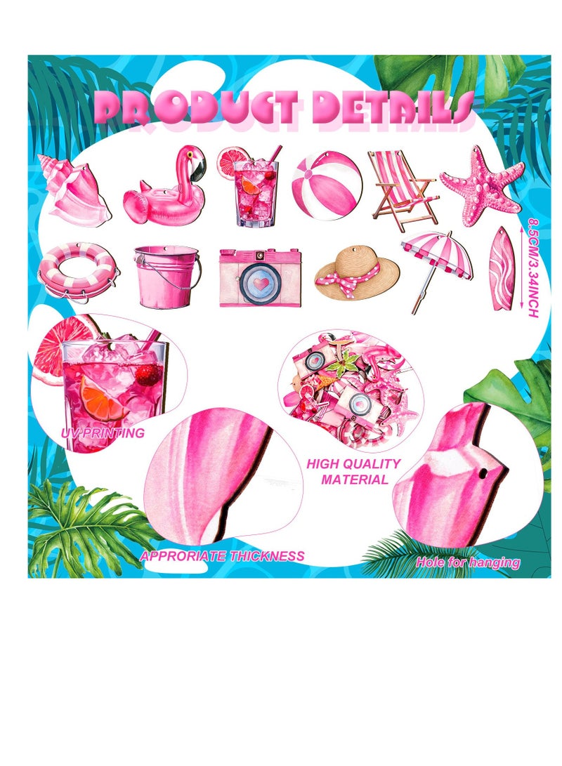 Excefore 36 Pcs Summer Wooden Tree Ornaments, Hawaiian Wood Hanging Decorations for Tree, Beach Wooden Slices with Pink Flamingo and Starfish, Perfect for Anniversary and Home Decor - Image 3