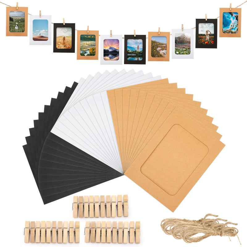 Anwyll Paper Picture Frames 4""x6"" 30 Pcs Paper Photo Frames Cardboard Picture Frames with Wooden Clips and Strings DIY Clip Photo Holders Photo Hanging Display Kit Wall Decor for Home Party Office - Image 1