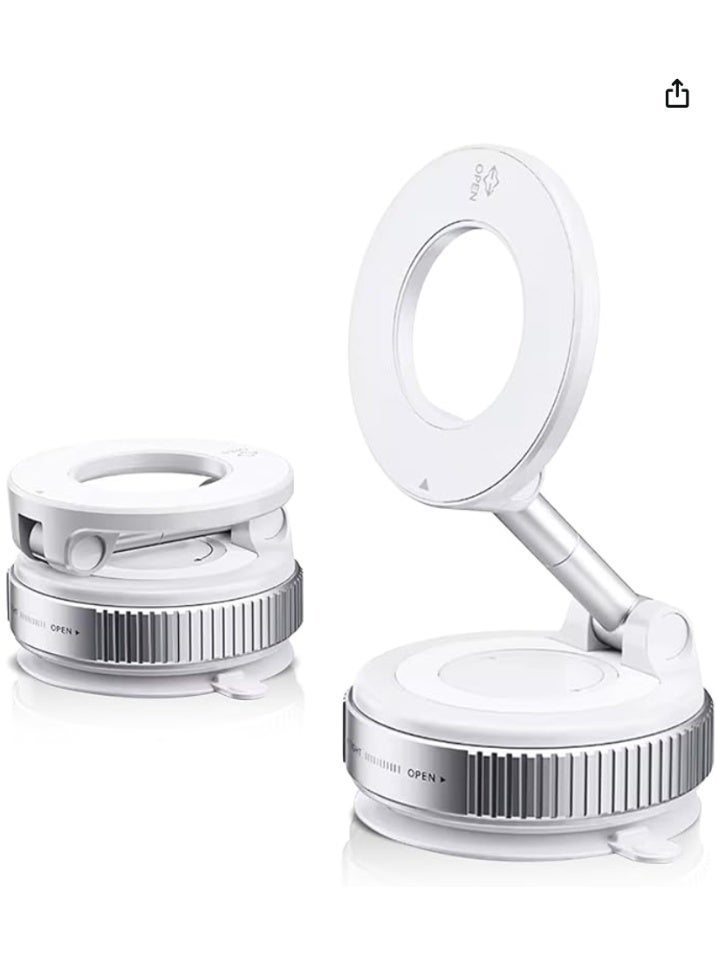 حامل جوال للسيارة، تثبيت بالمغناطيس للرأس وسكشن قوي للوحة القيادة والزجاج الأمامي، قابل للدوران 360°، قاعدة شفط من سبائك الزنك، لون أبيض