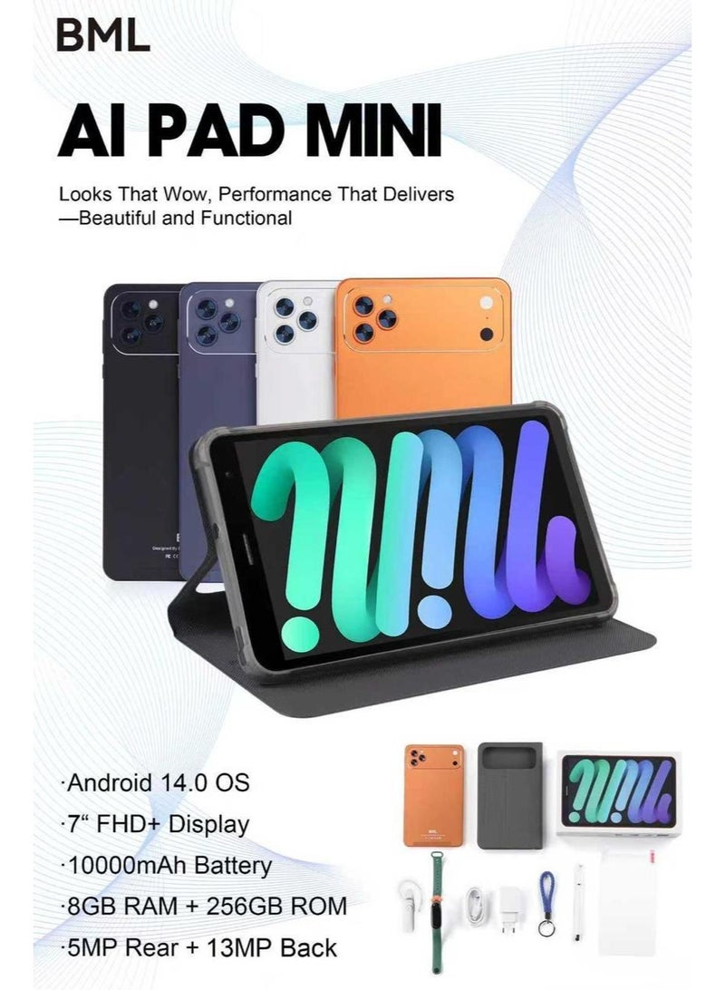 تابلت ذكي صغير من Ai Pad مقاس 7 بوصات وشاشة IPS وذاكرة وصول عشوائي سعتها 8 جيجابايت وذاكرة قراءة فقط 256 جيجابايت مع بطارية قوية بقدرة 10000 مللي أمبير في الساعة باللون الفضي