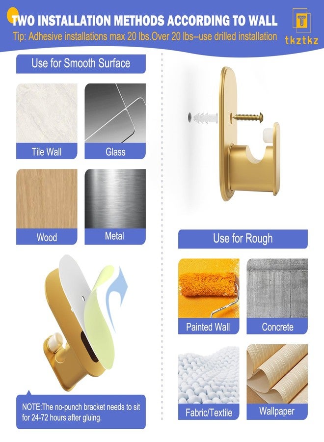 TKZTKZ Curtain Rods No Drilling for Windows 36 to 88 Inch:No Drill Small Gold Curtain Rod with Adhesive Brackets for Bedroom,5/8" Apartment Renter Friendly Adjustable Drapery Rods Easy Install - Image 2