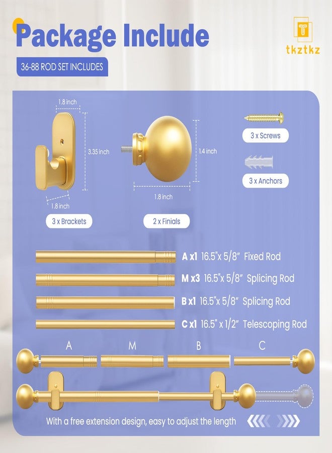 TKZTKZ Curtain Rods No Drilling for Windows 36 to 88 Inch:No Drill Small Gold Curtain Rod with Adhesive Brackets for Bedroom,5/8" Apartment Renter Friendly Adjustable Drapery Rods Easy Install - Image 5