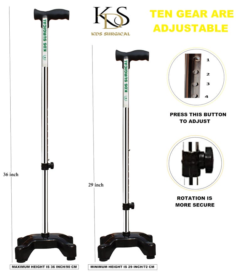 KDS SURGICAL Iron 4 Leg Quadripod Height Adjustable Walking Stick (Black) - Image 4