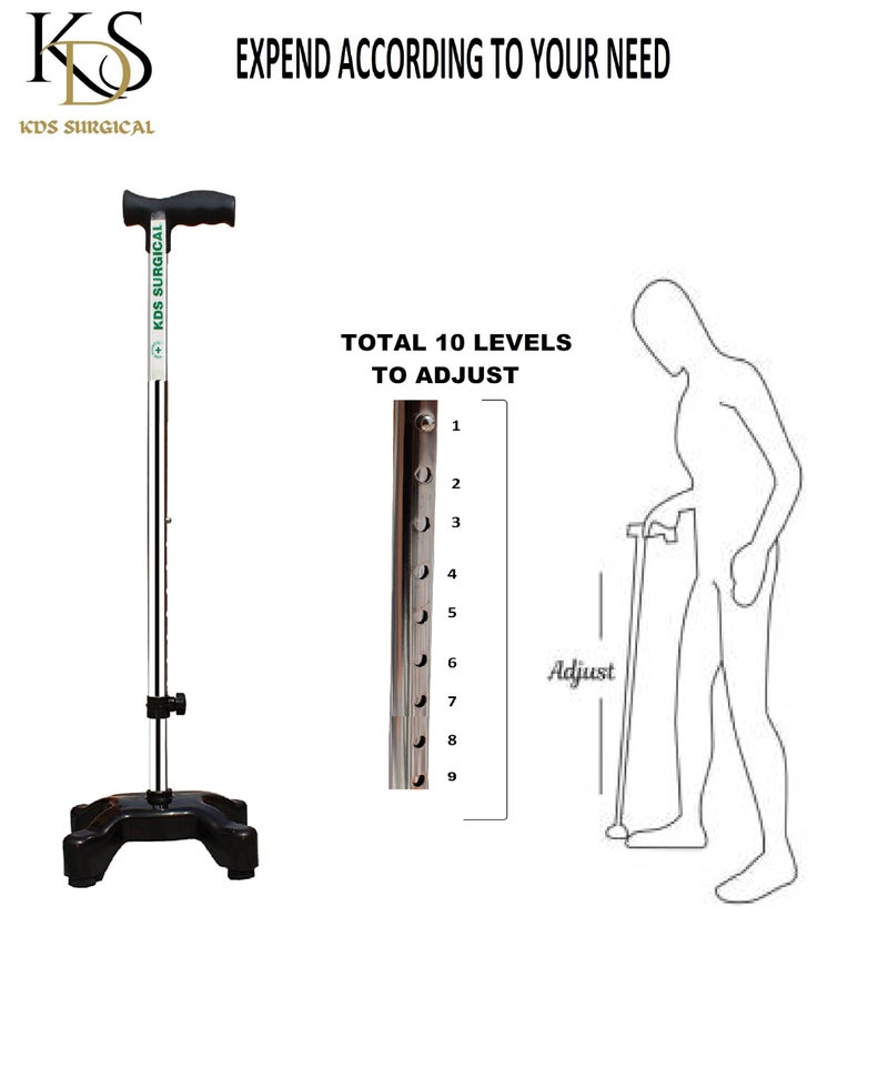 KDS SURGICAL Iron 4 Leg Quadripod Height Adjustable Walking Stick (Black) - Image 5