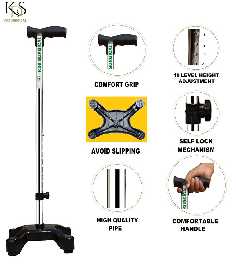 KDS SURGICAL Iron 4 Leg Quadripod Height Adjustable Walking Stick (Black) - Image 3