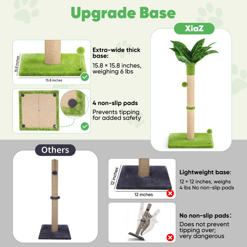 XiaZ Cat Scratching Post 34'' Tall, Durable Cat Scratch Tree Tower for Indoor Kitty with Extra Wide 15.8" Stable Base & 2 Toy Balls, Natural Sisal & Plush Fabric for Small, Medium Cats (Green, 2.8in) - Image 2