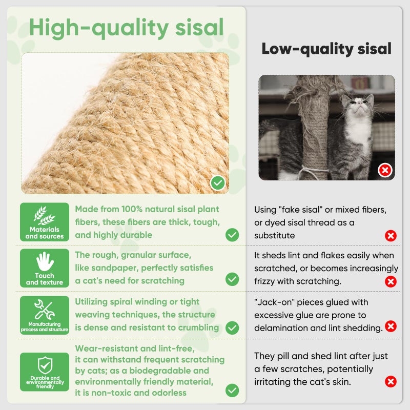 XiaZ Cat Scratching Post 34'' Tall, Durable Cat Scratch Tree Tower for Indoor Kitty with Extra Wide 15.8" Stable Base & 2 Toy Balls, Natural Sisal & Plush Fabric for Small, Medium Cats (Green, 2.8in) - Image 3