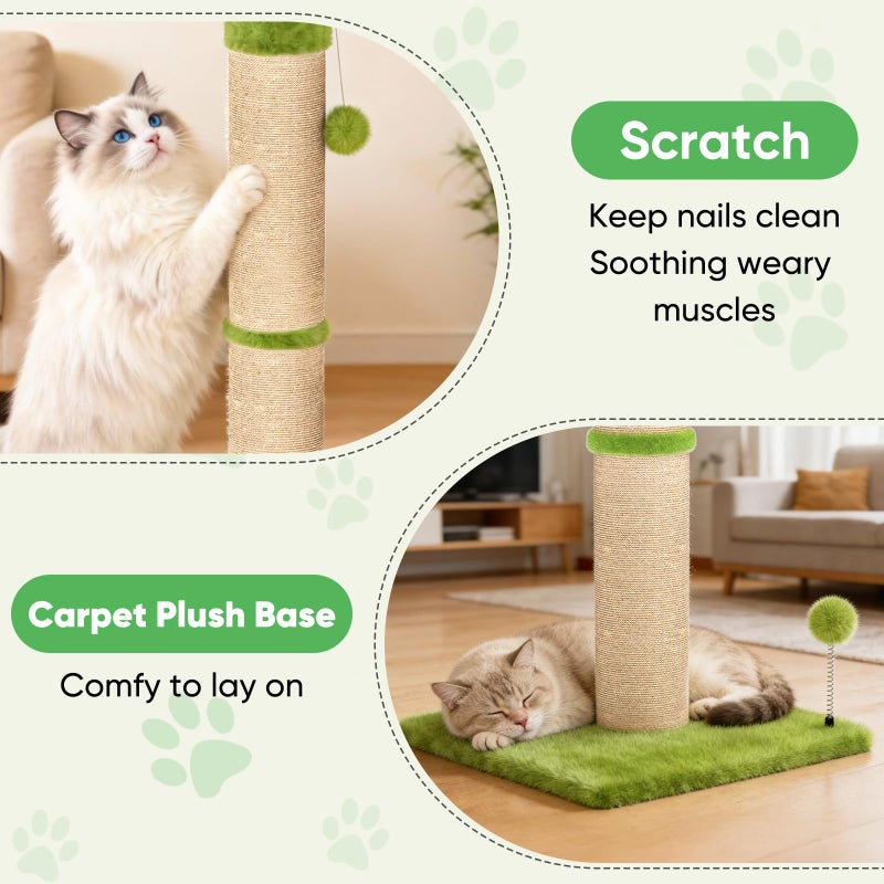 XiaZ Cat Scratching Post 34'' Tall, Durable Cat Scratch Tree Tower for Indoor Kitty with Extra Wide 15.8" Stable Base & 2 Toy Balls, Natural Sisal & Plush Fabric for Small, Medium Cats (Green, 2.8in) - Image 5