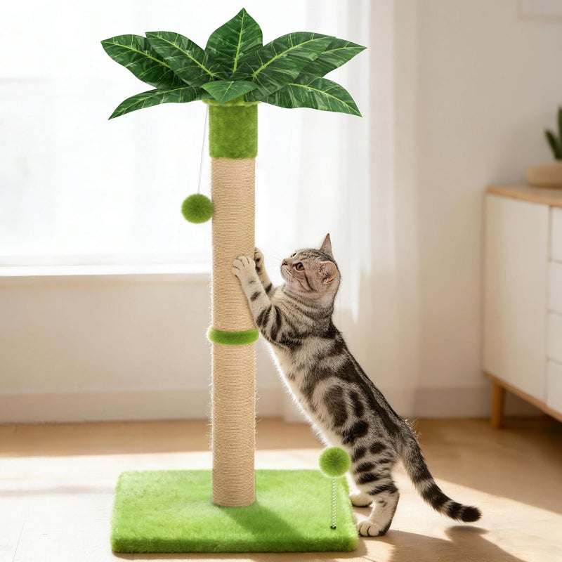 XiaZ Cat Scratching Post 34'' Tall, Durable Cat Scratch Tree Tower for Indoor Kitty with Extra Wide 15.8" Stable Base & 2 Toy Balls, Natural Sisal & Plush Fabric for Small, Medium Cats (Green, 2.8in) - Image 1