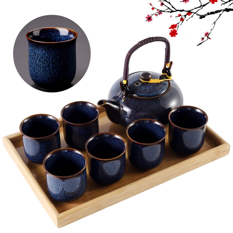 DUJUST Japanese Tea Set for 6 Kiln Altered Glaze Porcelain Tea Set with 1 Teapot 6 Tea Cups 1 Tea Tray Unique Chinese Tea Sets for AdultsTea LoversWomenMen Dark Blue