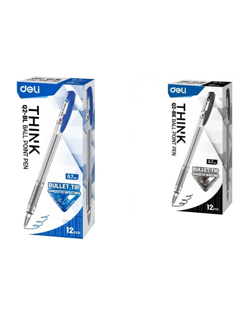Deli Deli Deli think Ball Point Pen 24 Pieces, 0.7 mm Bullet Tip, Blue,Black (2 Pack). - Image 1