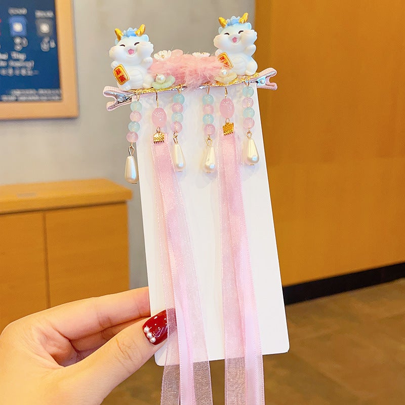 Generic Kids Chinese New Year Dragon Tassel Hair Clips Rich pink dragon