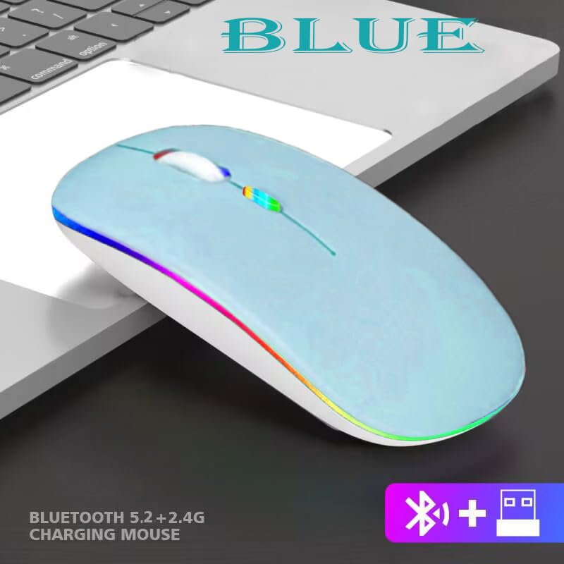 Guiheng Wireless Bluetooth Mouse,LED Dual Mode Rechargeable Silent Slim Laptop Mouse,Portable(BT5.2+USB Receiver) Dual Mode Computer Mice,for Laptop,Desktop Computer,ipad Tablet,Phone,TV (Blue) - Image 3