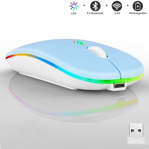 Guiheng Wireless Bluetooth Mouse,LED Dual Mode Rechargeable Silent Slim Laptop Mouse,Portable(BT5.2+USB Receiver) Dual Mode Computer Mice,for Laptop,Desktop Computer,ipad Tablet,Phone,TV (Blue) - Image 2