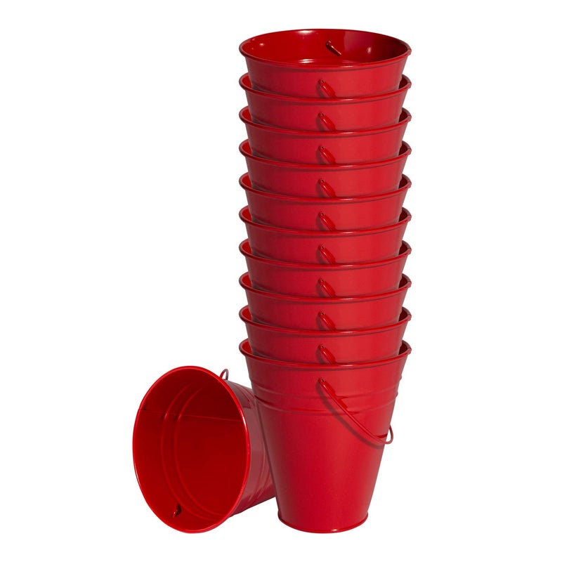 Houseables دلو معدني دلو مجلفن دلو معدني صغير دلو مصغر حاوية صفيح مع مقبض لحفلات الزفاف الحرف الحلوى الزهور الطلاء للأطفال زينة حمراء صغيرة 5 بوصة 12 عبوة بالجملة