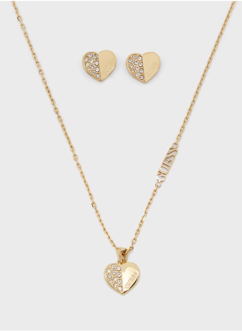 Plain And Pave Heart Stud Earrings & Necklace Set