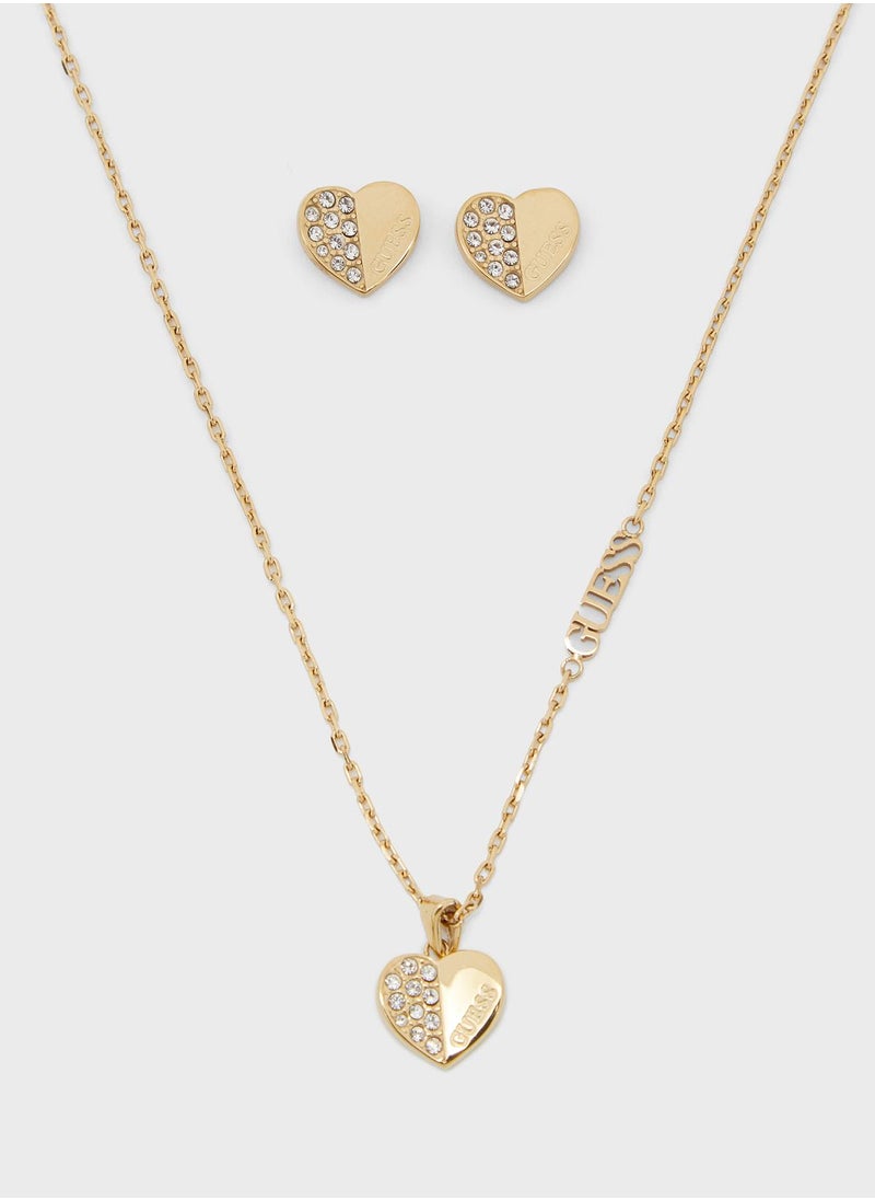 GUESS - Plain And Pave Heart Stud Earrings & Necklace Set - Image 1